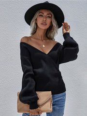 Lantern-Sleeve V-Neck Wrap Knit Top - Black