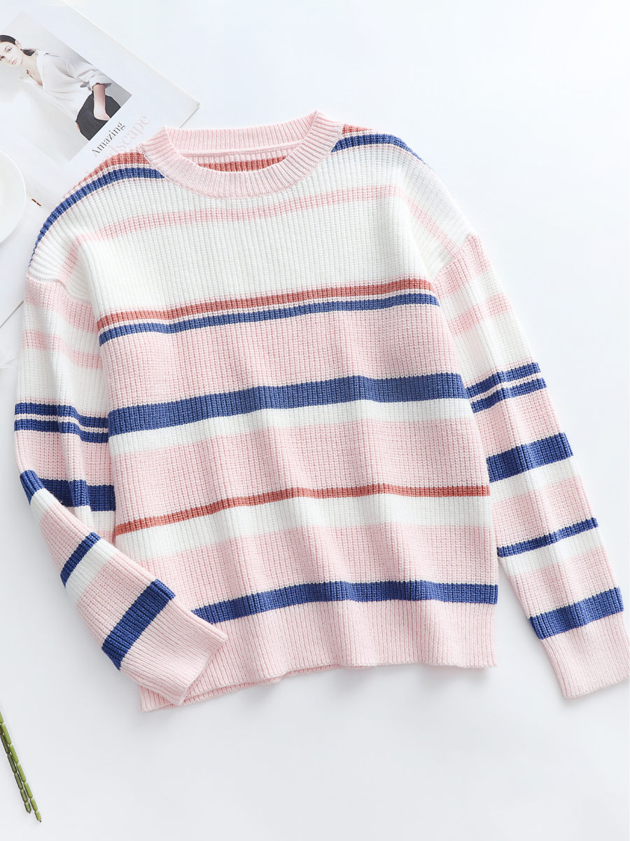 Pink Blue Orange Stripe Crew Neck Knit Top