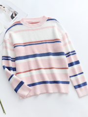 Pink Blue Orange Stripe Crew Neck Knit Top