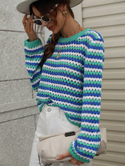 PERFORATED STRIPE PATTERN KNIT TOP - BLUE