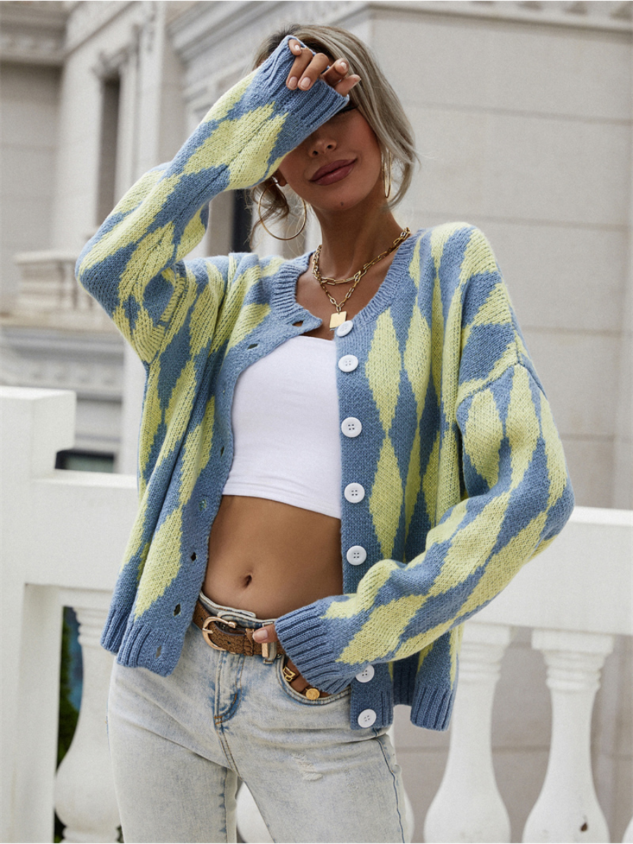 FELISE Chess Patterned Knit Cardigan - Blue