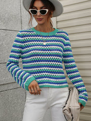PERFORATED STRIPE PATTERN KNIT TOP - BLUE