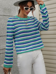 PERFORATED STRIPE PATTERN KNIT TOP - BLUE