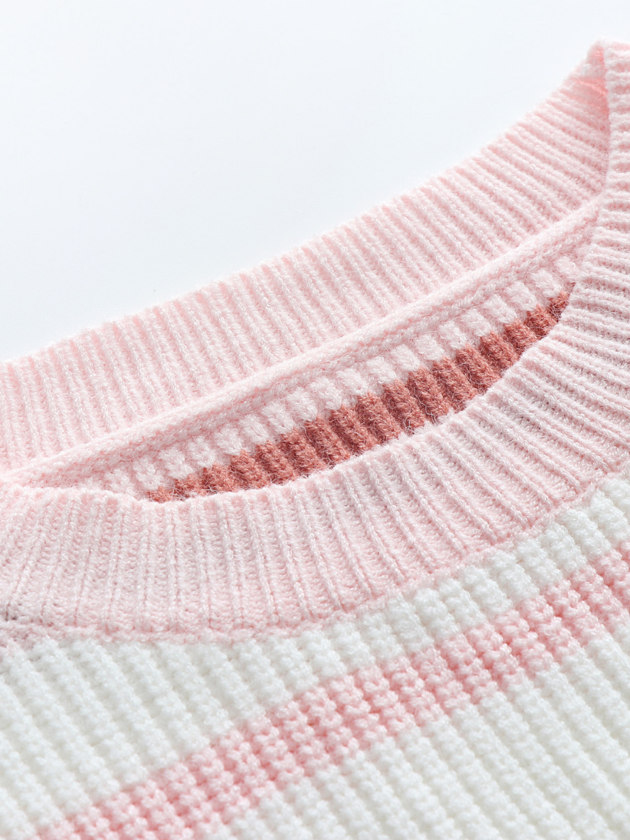 Pink Blue Orange Stripe Crew Neck Knit Top