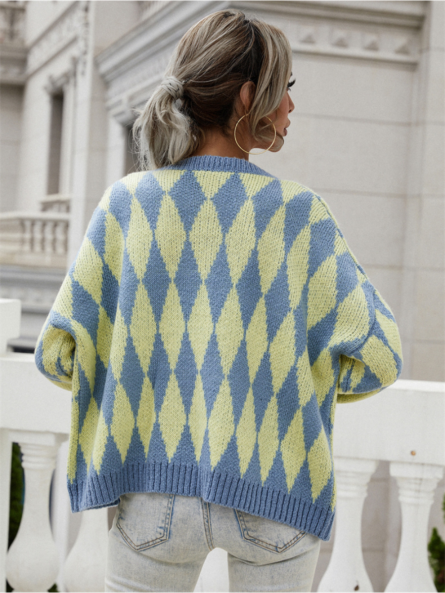 FELISE Chess Patterned Knit Cardigan - Blue
