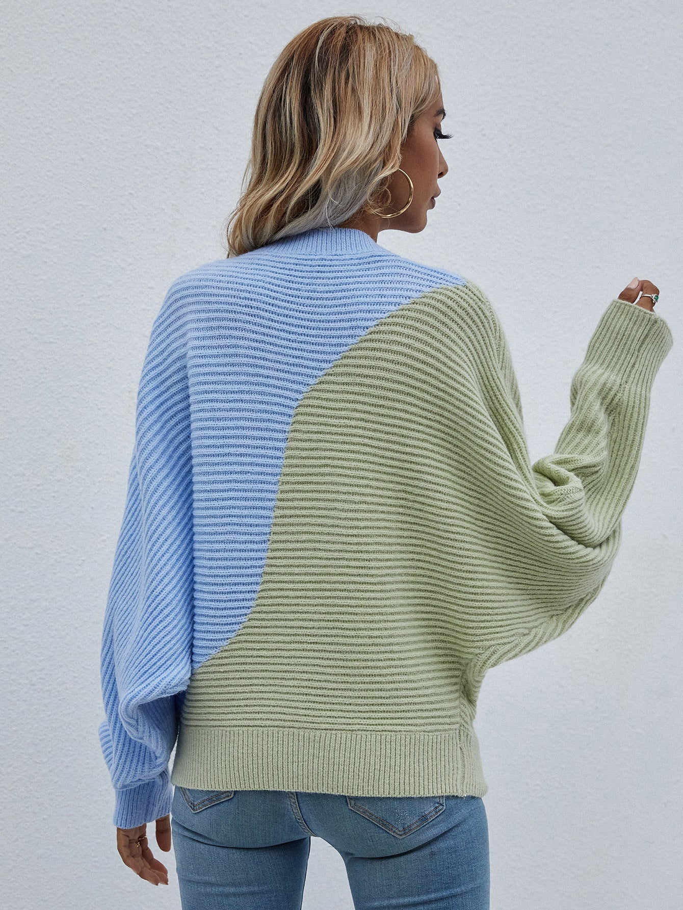 GRANIA Batwing Sleeve Color Block Knit Sweater