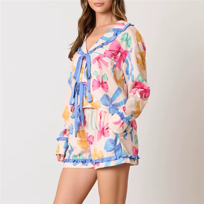 Bow Floral Print Lounge Sets Long Sleeve Shirts Shorts Pajamas Sleepwear Set
