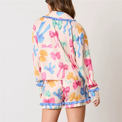 Bow Floral Print Lounge Sets Long Sleeve Shirts Shorts Pajamas Sleepwear Set