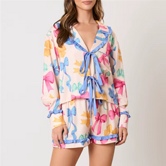 Bow Floral Print Lounge Sets Long Sleeve Shirts Shorts Pajamas Sleepwear Set