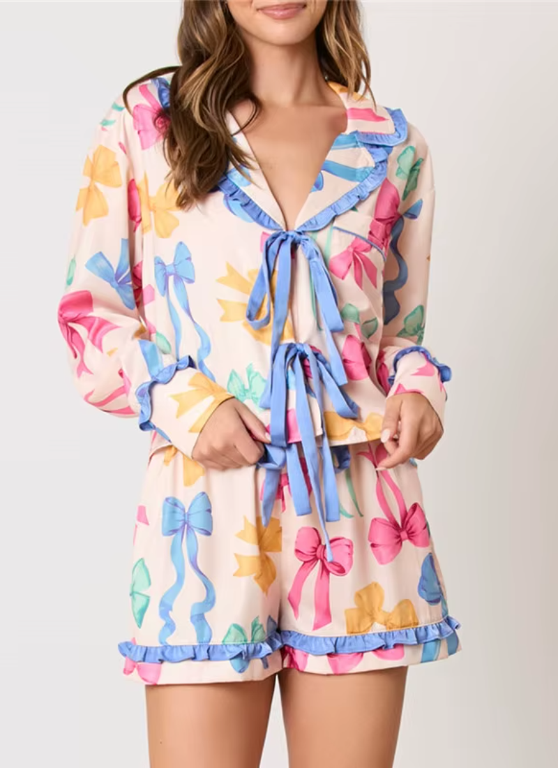 Bow Floral Print Lounge Sets Long Sleeve Shirts Shorts Pajamas Sleepwear Set