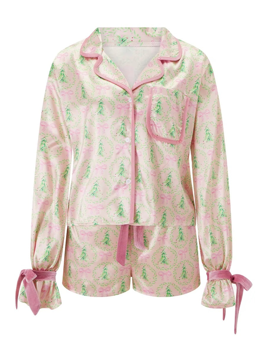 Bow Tie Long Sleeve Satin Silk Funny Graphic 2 Piece Pajamas Set