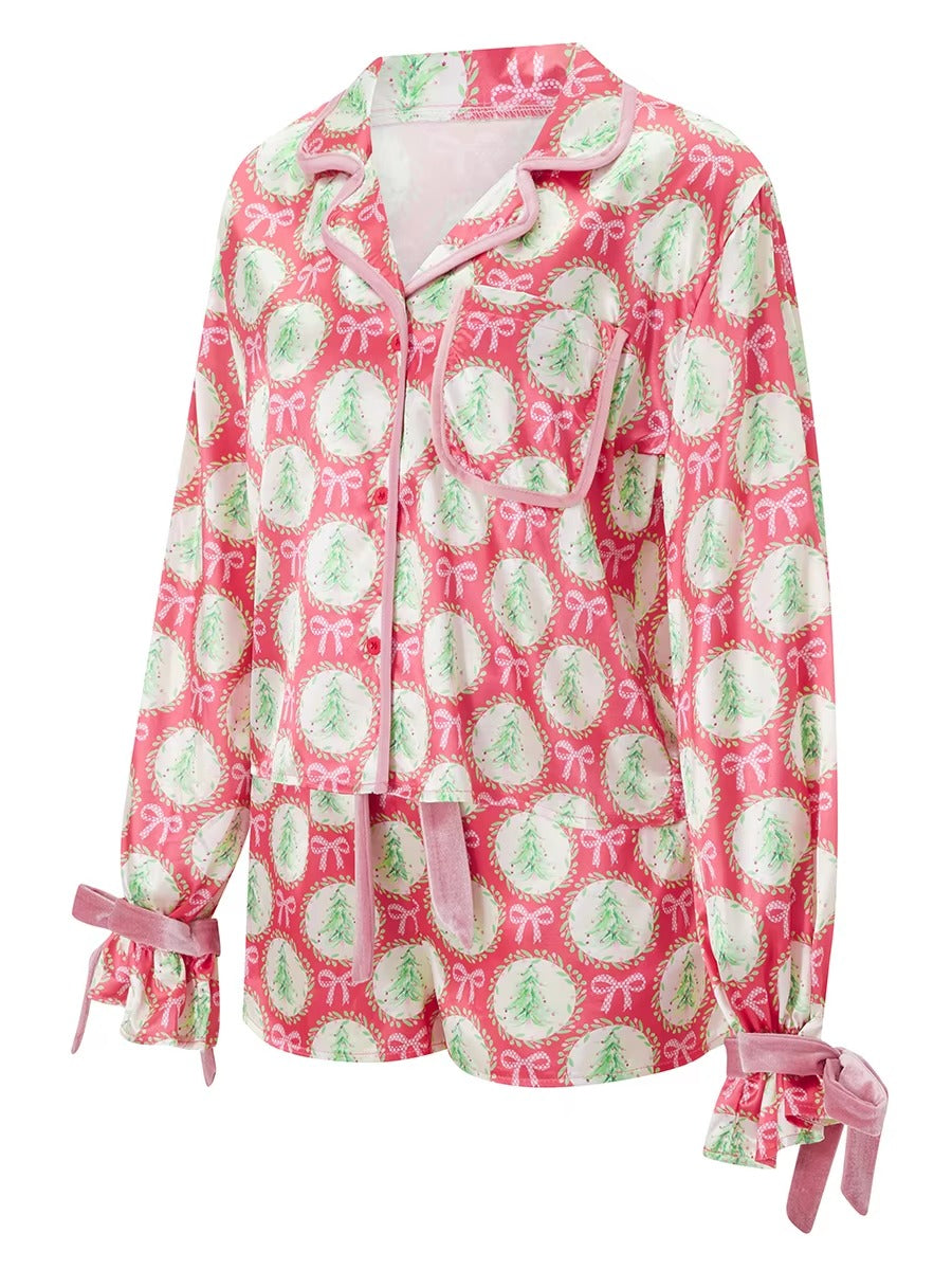 Bow Tie Long Sleeve Satin Silk Funny Graphic 2 Piece Pajamas Set