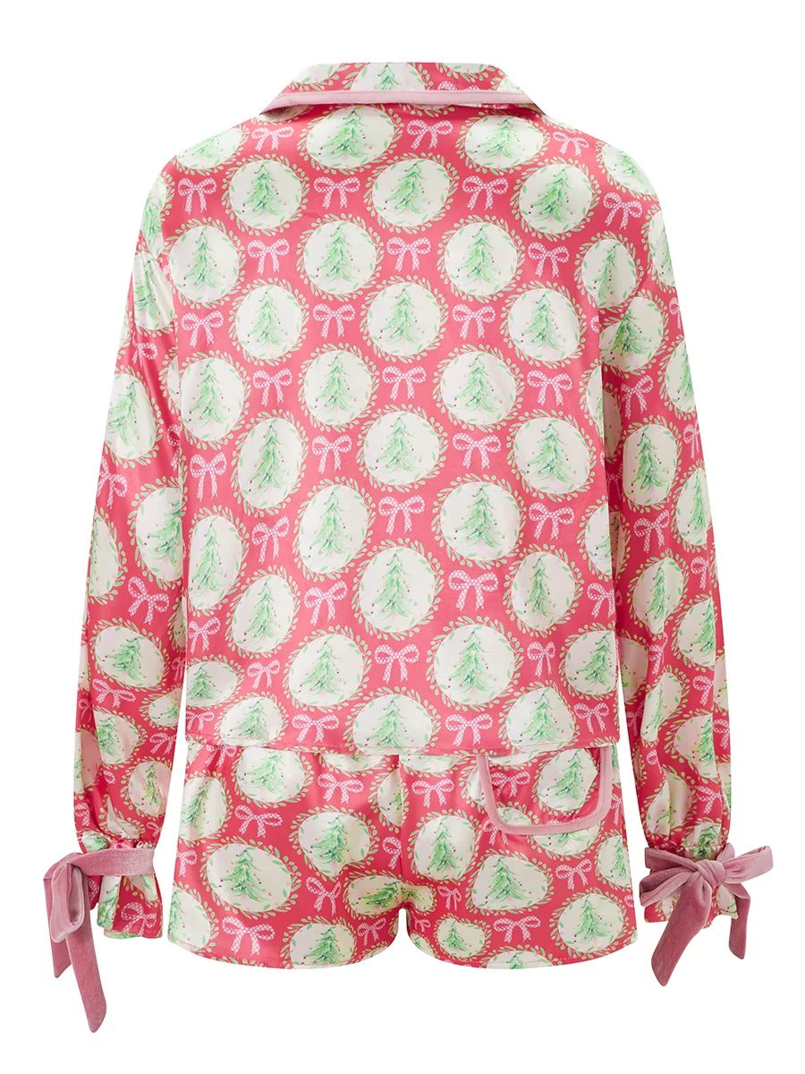 Bow Tie Long Sleeve Satin Silk Funny Graphic 2 Piece Pajamas Set
