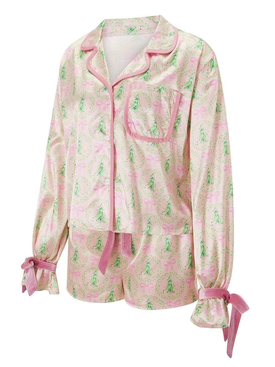 Bow Tie Long Sleeve Satin Silk Funny Graphic 2 Piece Pajamas Set