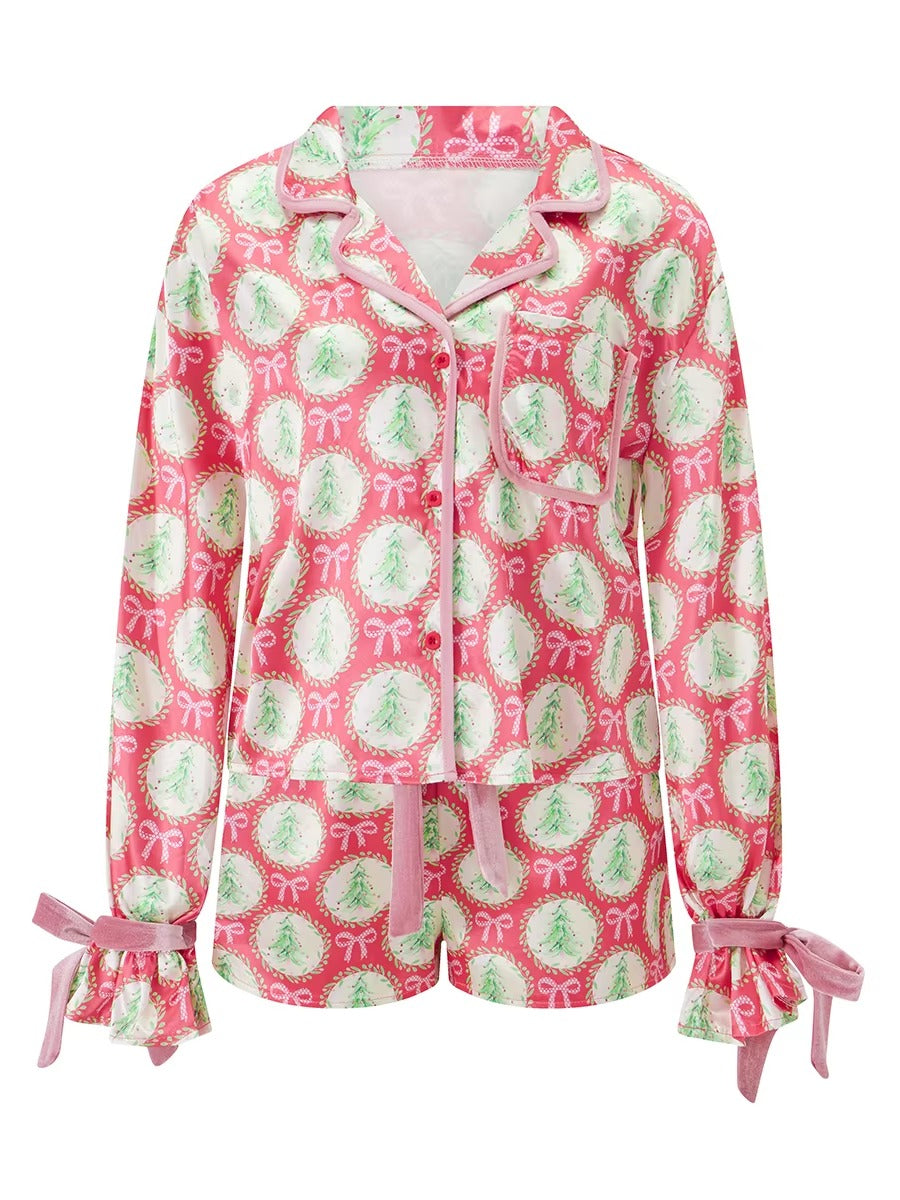 Bow Tie Long Sleeve Satin Silk Funny Graphic 2 Piece Pajamas Set