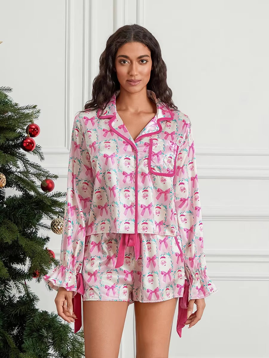 Bow Tie Long Sleeve Satin Silk Funny Graphic 2 Piece Pajamas Set