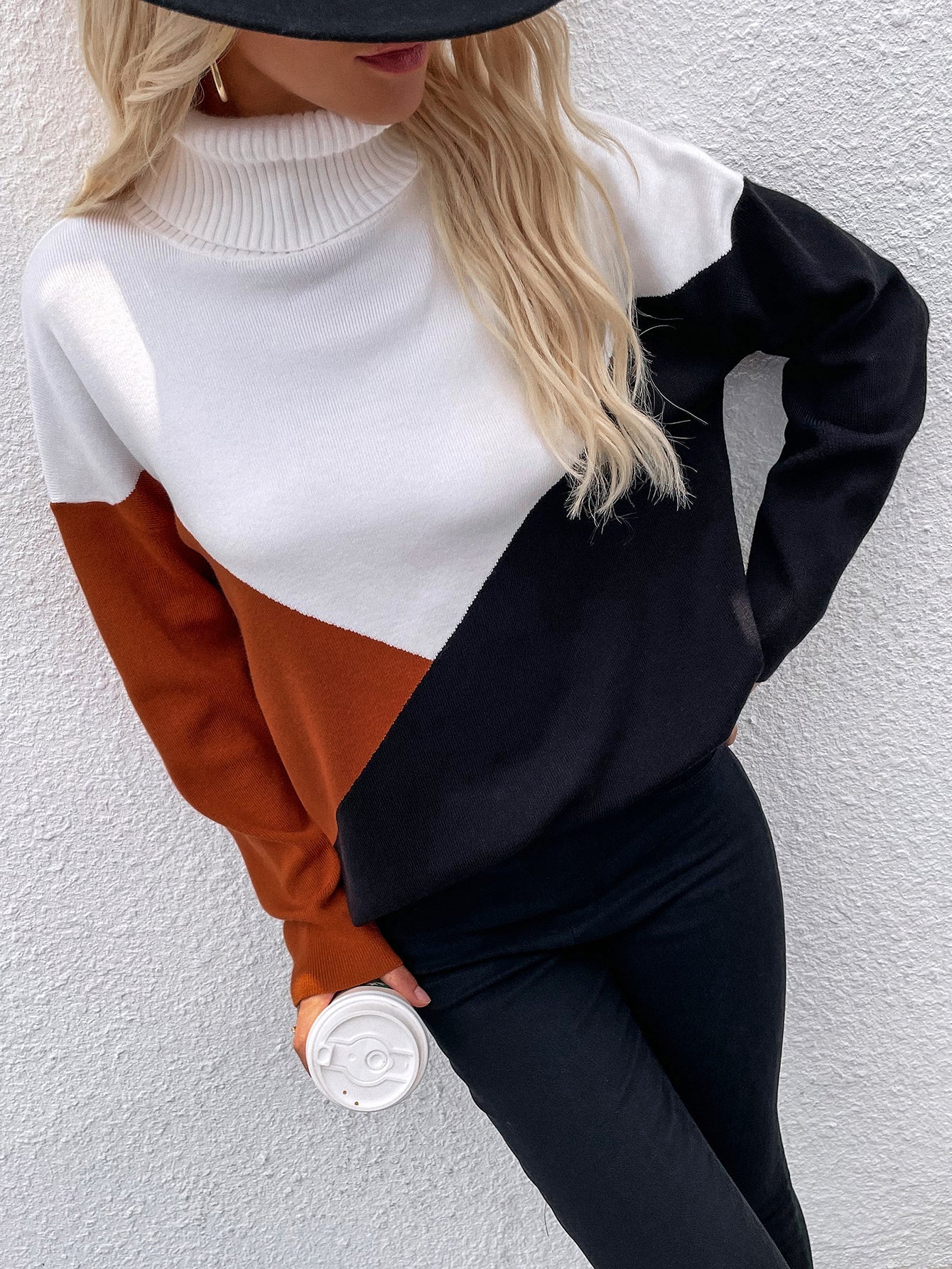 DULCIE Brown Color Block Turtleneck Knit Sweater