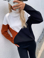 DULCIE Brown Color Block Turtleneck Knit Sweater