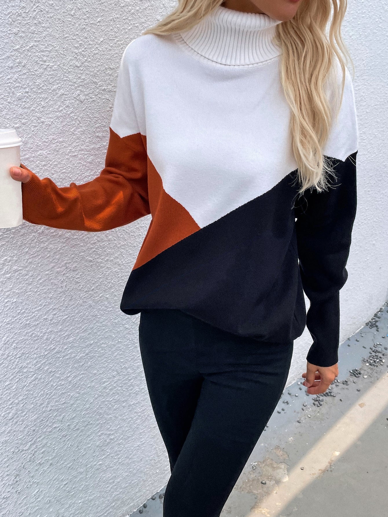 DULCIE Brown Color Block Turtleneck Knit Sweater