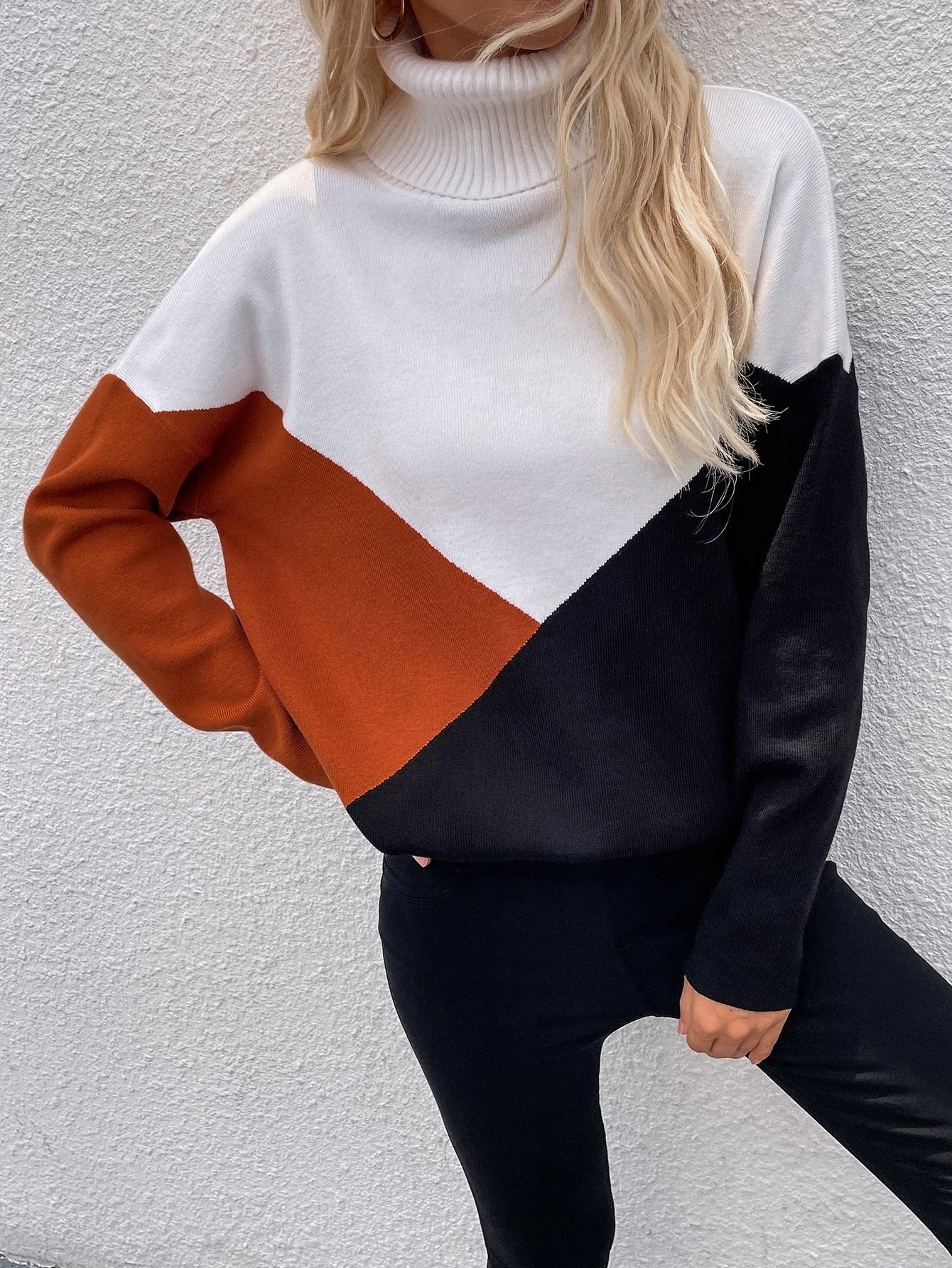 DULCIE Brown Color Block Turtleneck Knit Sweater