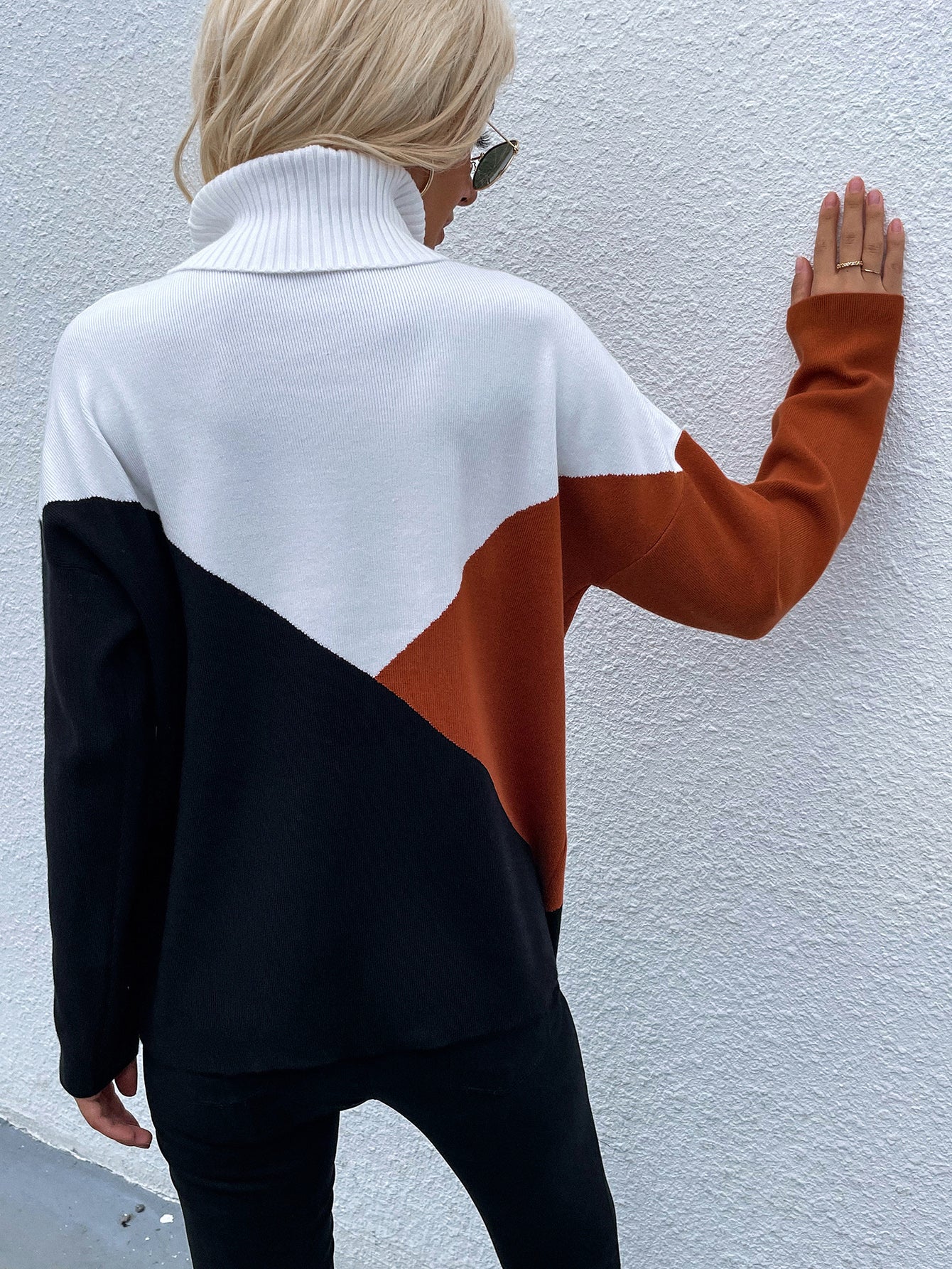 DULCIE Brown Color Block Turtleneck Knit Sweater