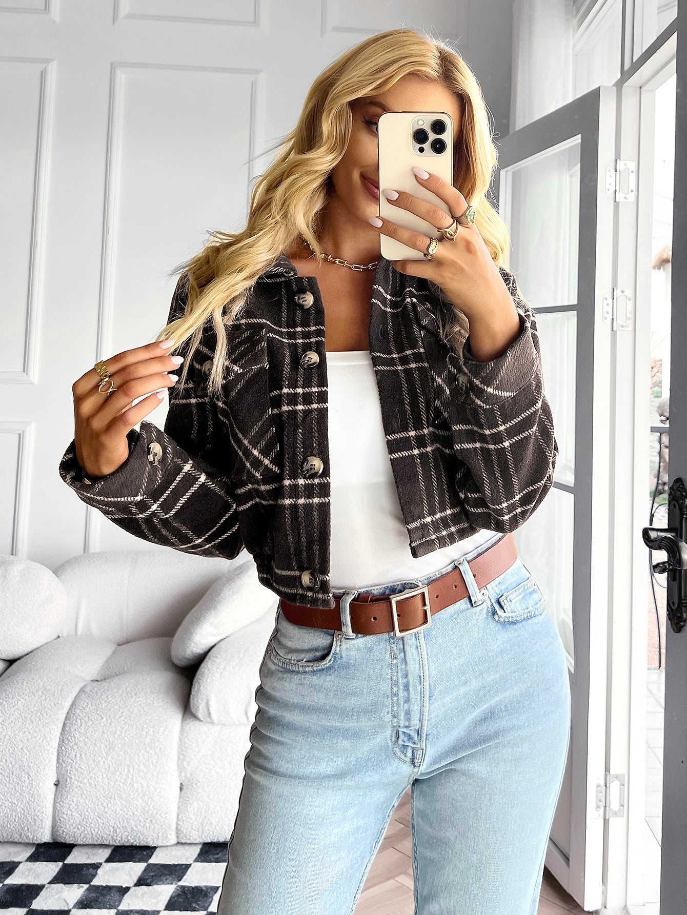 HONEYCOMB PLAID SHACKET - BROWN