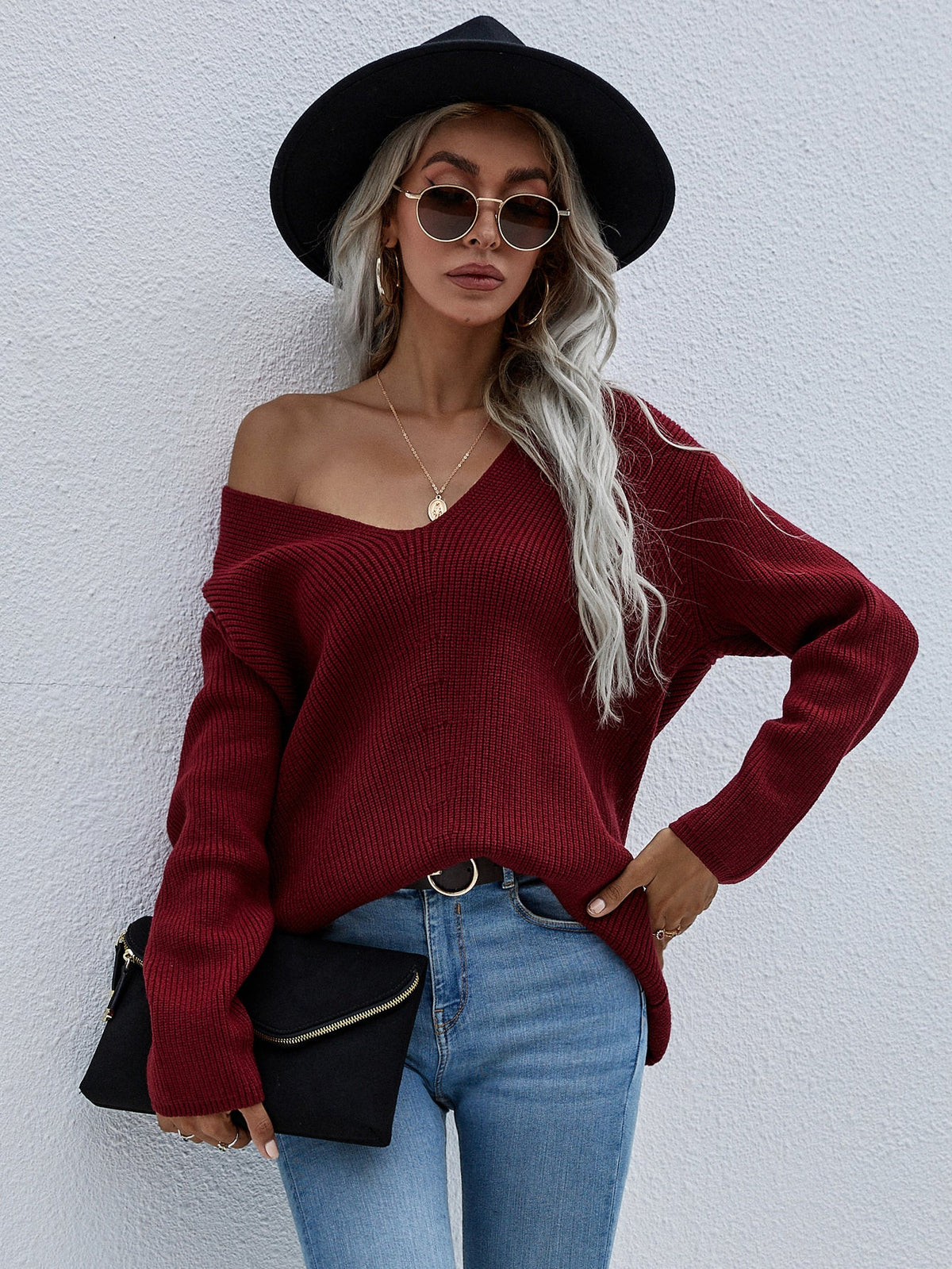 Burgundy Marjorie V-neck Knit Sweater