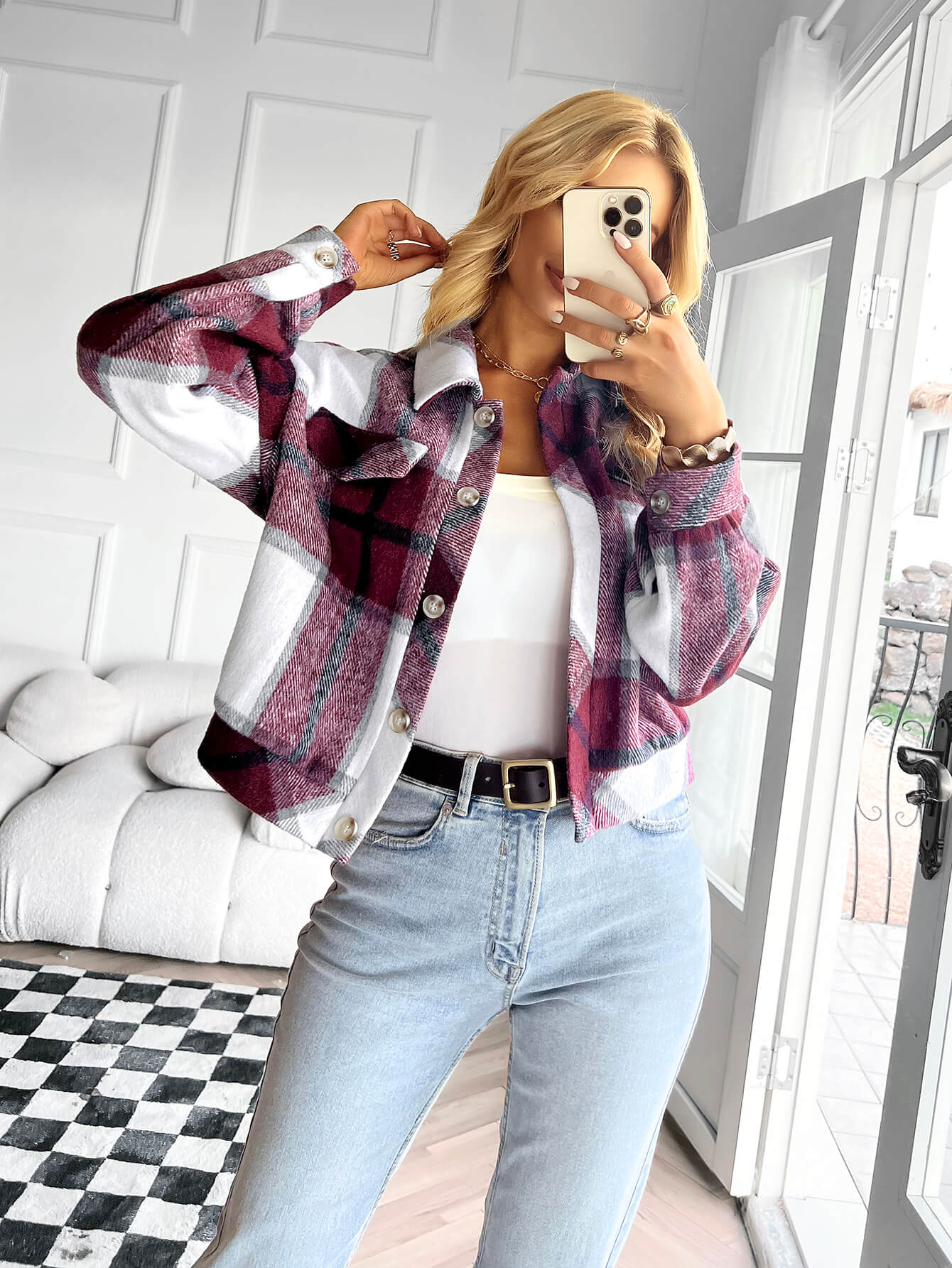 CHANCELLOR PLAID CROP SHACKET - BURGUNDY
