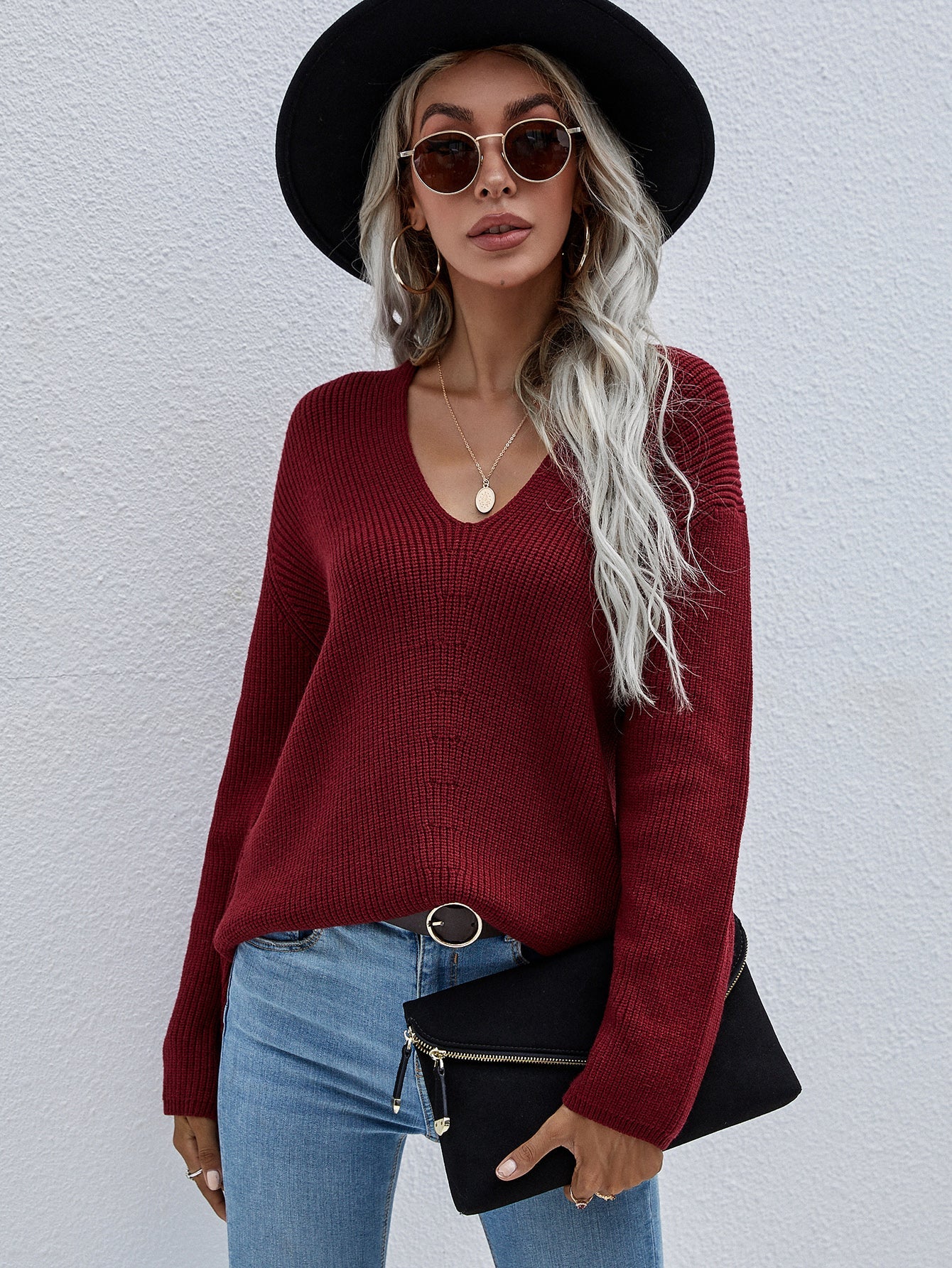 Burgundy Marjorie V-neck Knit Sweater