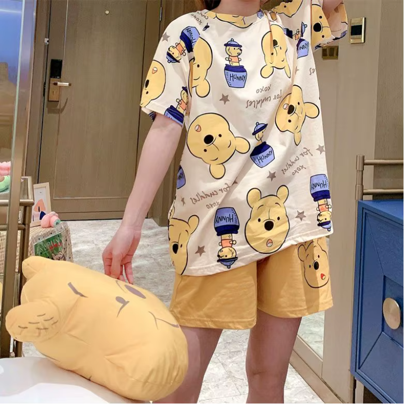 Cartoon Pooh Bear Print Thin Short-Sleeved Shorts Loose Top Pajamas Set