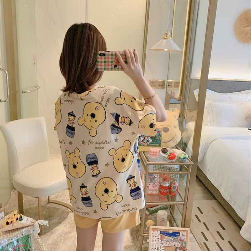 Cartoon Pooh Bear Print Thin Short-Sleeved Shorts Loose Top Pajamas Set