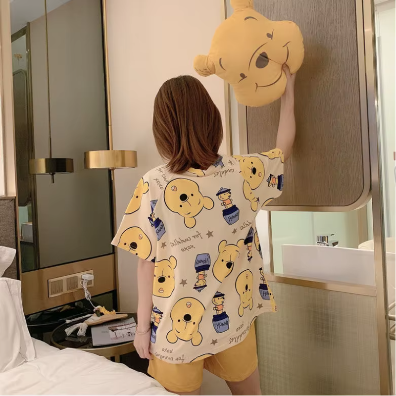 Cartoon Pooh Bear Print Thin Short-Sleeved Shorts Loose Top Pajamas Set