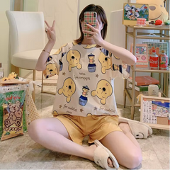 Cartoon Pooh Bear Print Thin Short-Sleeved Shorts Loose Top Pajamas Set