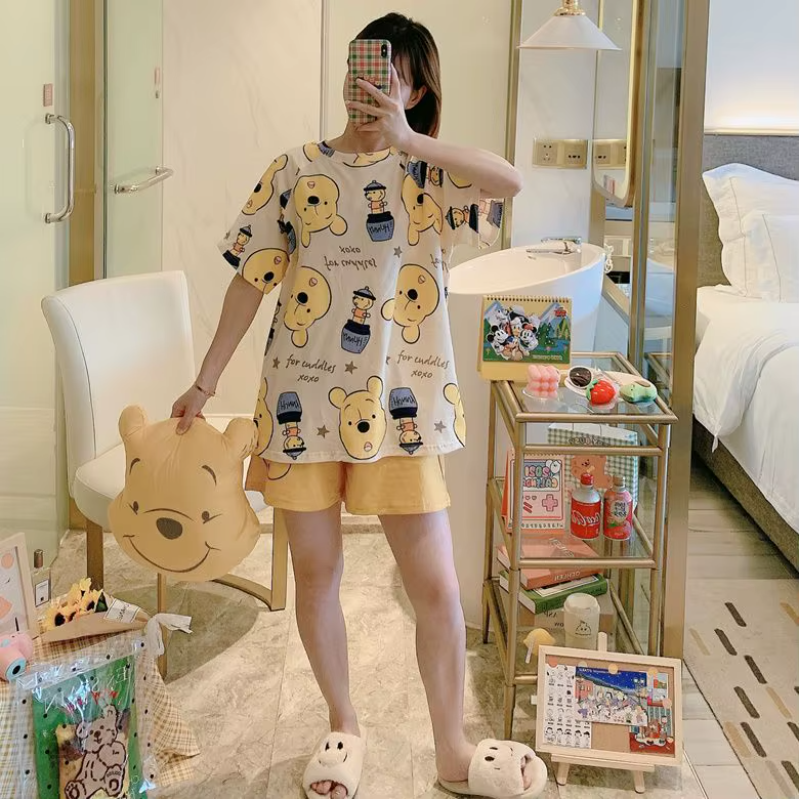 Cartoon Pooh Bear Print Thin Short-Sleeved Shorts Loose Top Pajamas Set