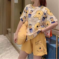 Cartoon Pooh Bear Print Thin Short-Sleeved Shorts Loose Top Pajamas Set
