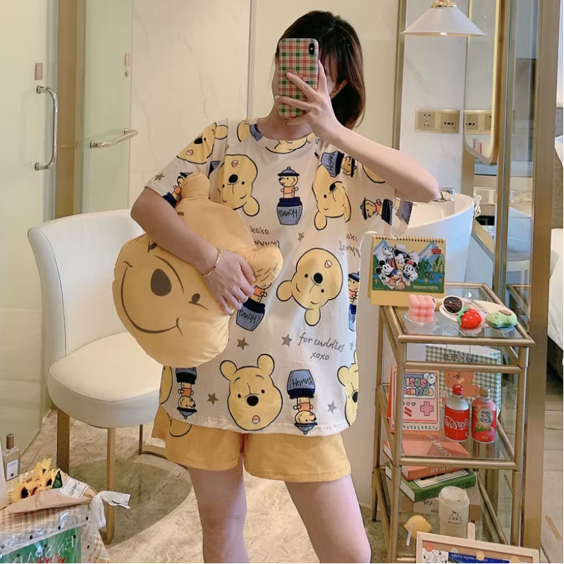 Cartoon Pooh Bear Print Thin Short-Sleeved Shorts Loose Top Pajamas Set