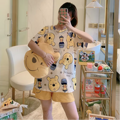 Cartoon Pooh Bear Print Thin Short-Sleeved Shorts Loose Top Pajamas Set