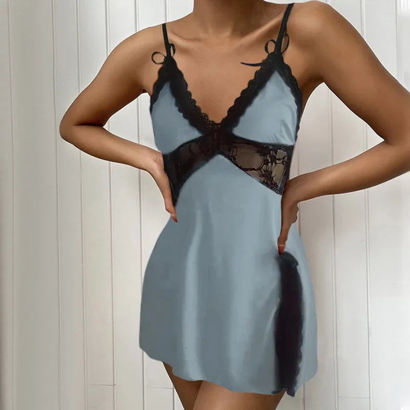 Casual Backless Lace Low Neck Pure Colour Nightgown Dresses