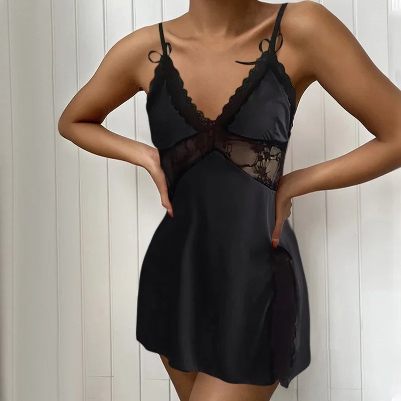 Casual Backless Lace Low Neck Pure Colour Nightgown Dresses