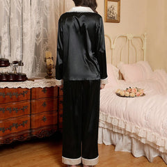 Casual Button Down Soild Silk Like Satin Pajamas Sets