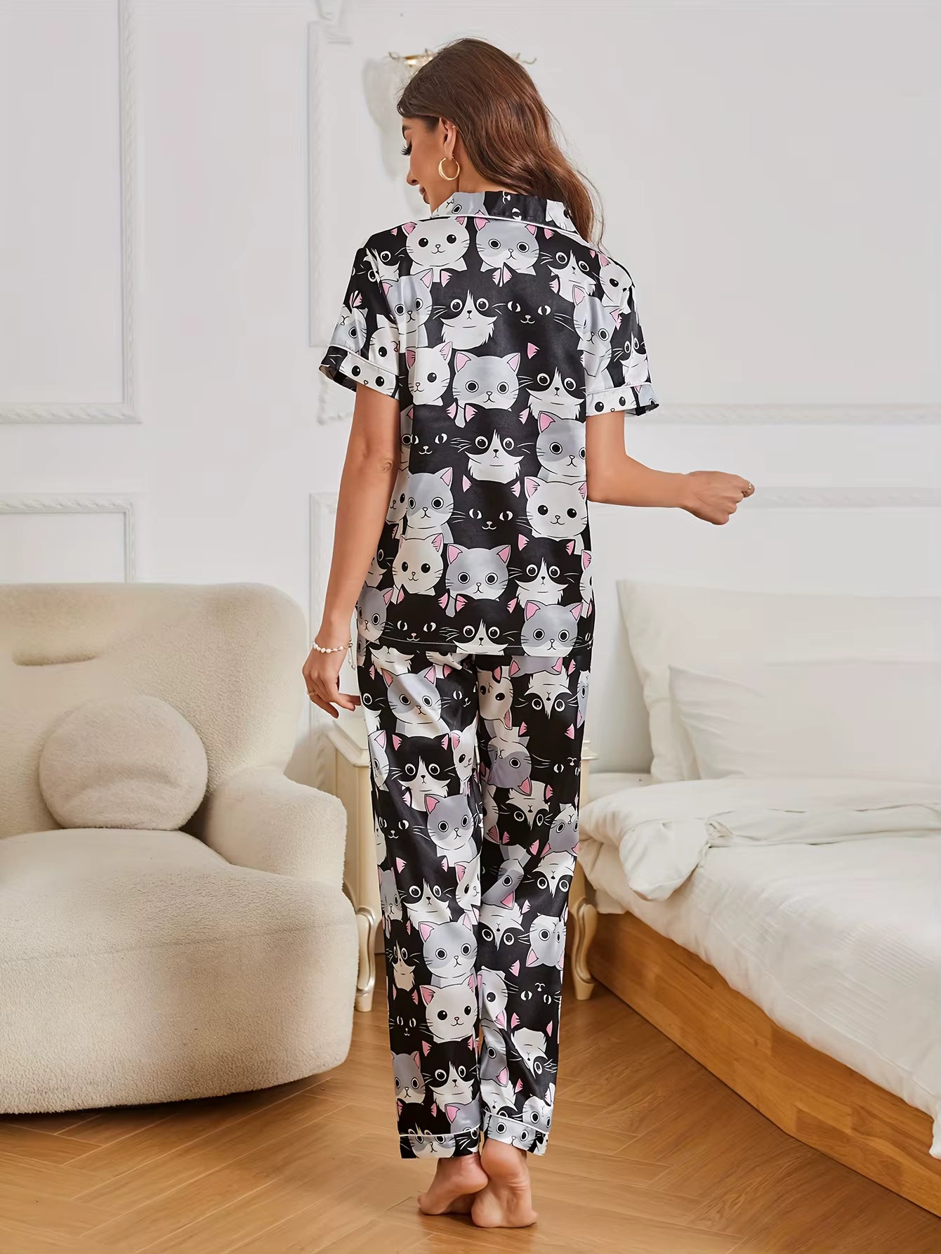 Casual Cat Print Short Sleeve Lapel Buttons Top & Elastic Pants Set Sleepwear Night Dress