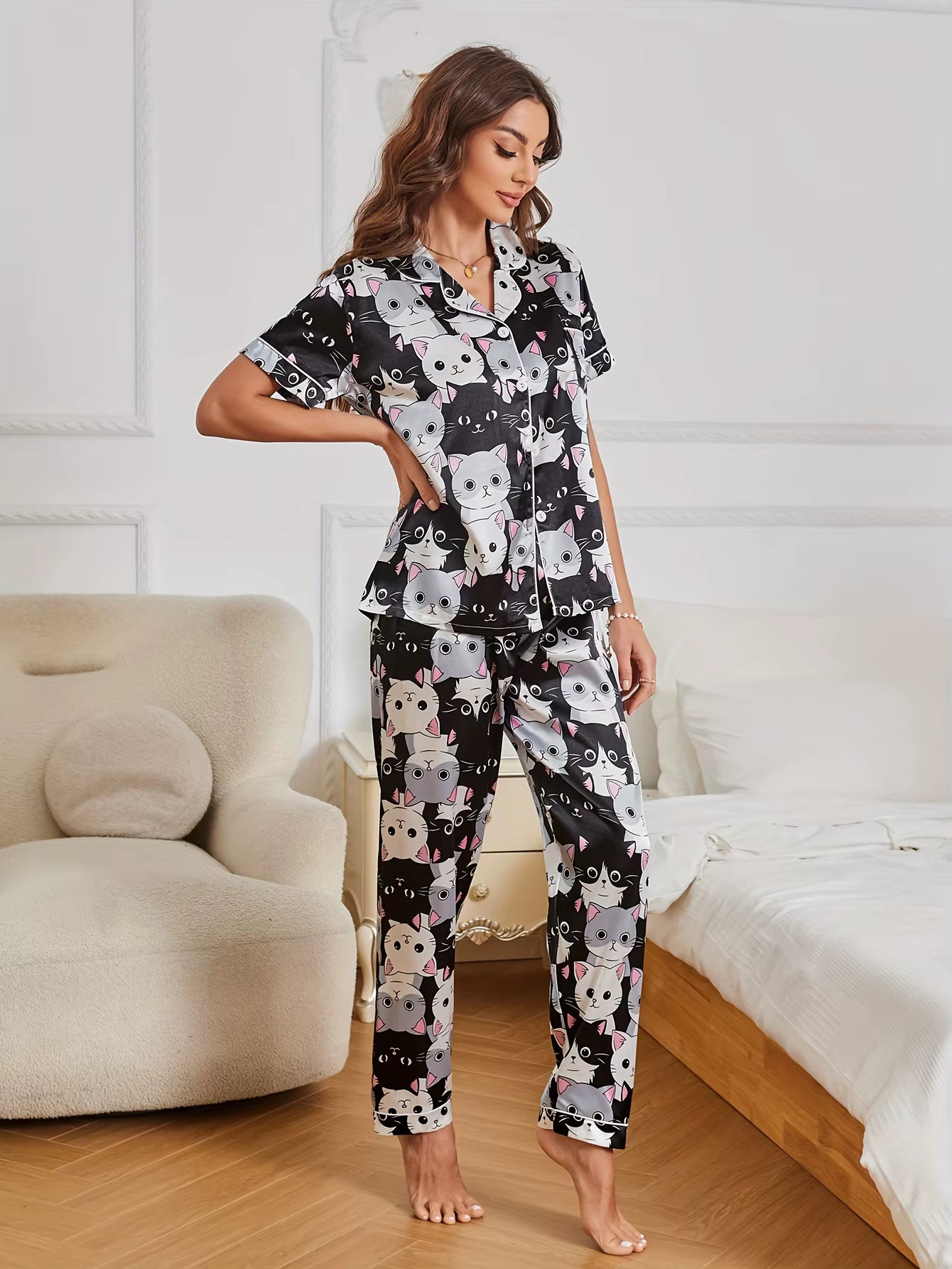 Casual Cat Print Short Sleeve Lapel Buttons Top & Elastic Pants Set Sleepwear Night Dress