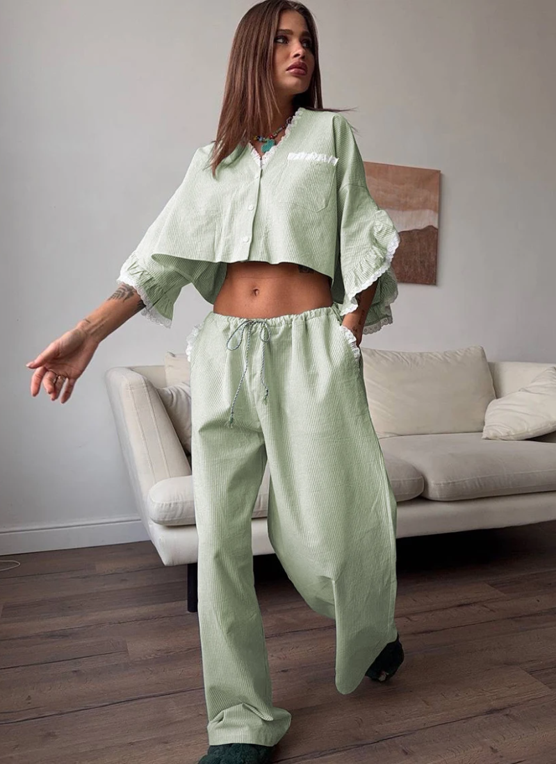Casual Crop Top Nightie Half Sleeve Pajamas V-Neck Nightwear Pants 2 Piece Suit