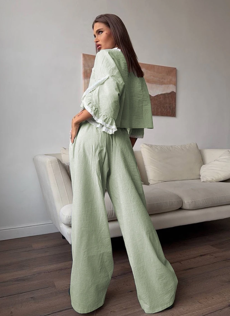 Casual Crop Top Nightie Half Sleeve Pajamas V-Neck Nightwear Pants 2 Piece Suit