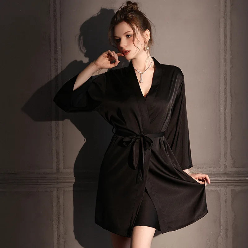 Casual Elastic Satin High Quality Classic Solid Nightgowns Ice Silk 2pcs