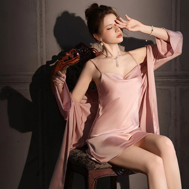Casual Elastic Satin High Quality Classic Solid Nightgowns Ice Silk 2pcs