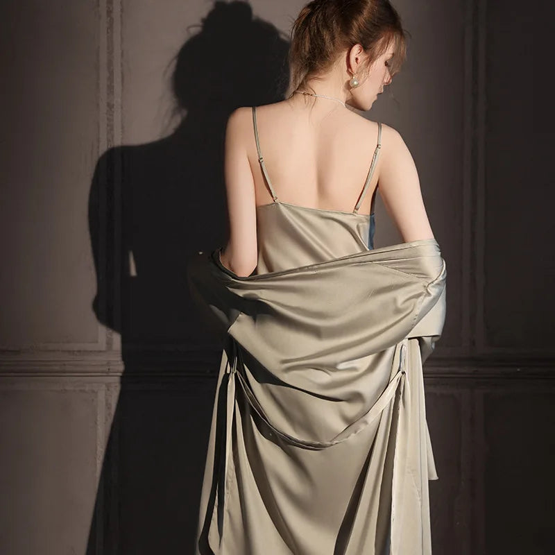 Casual Elastic Satin High Quality Classic Solid Nightgowns Ice Silk 2pcs