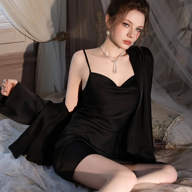 Casual Elastic Satin High Quality Classic Solid Nightgowns Ice Silk 2pcs