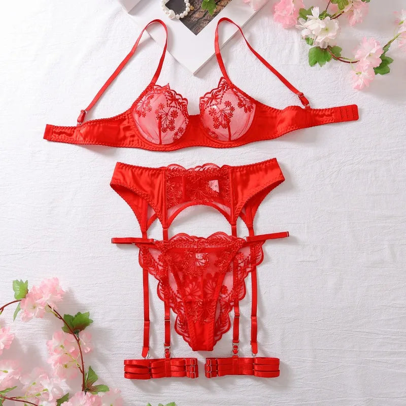 Casual Embroidered Patchwork Hard Garter Belt Lace Bra Four-Piece Set