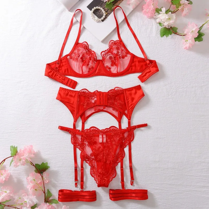 Casual Embroidered Patchwork Hard Garter Belt Lace Bra Four-Piece Set